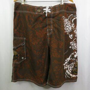 Kirra Board Shorts Mens 36 x 10 Skull Graphic Brown Cargo Swim Trunks Suit